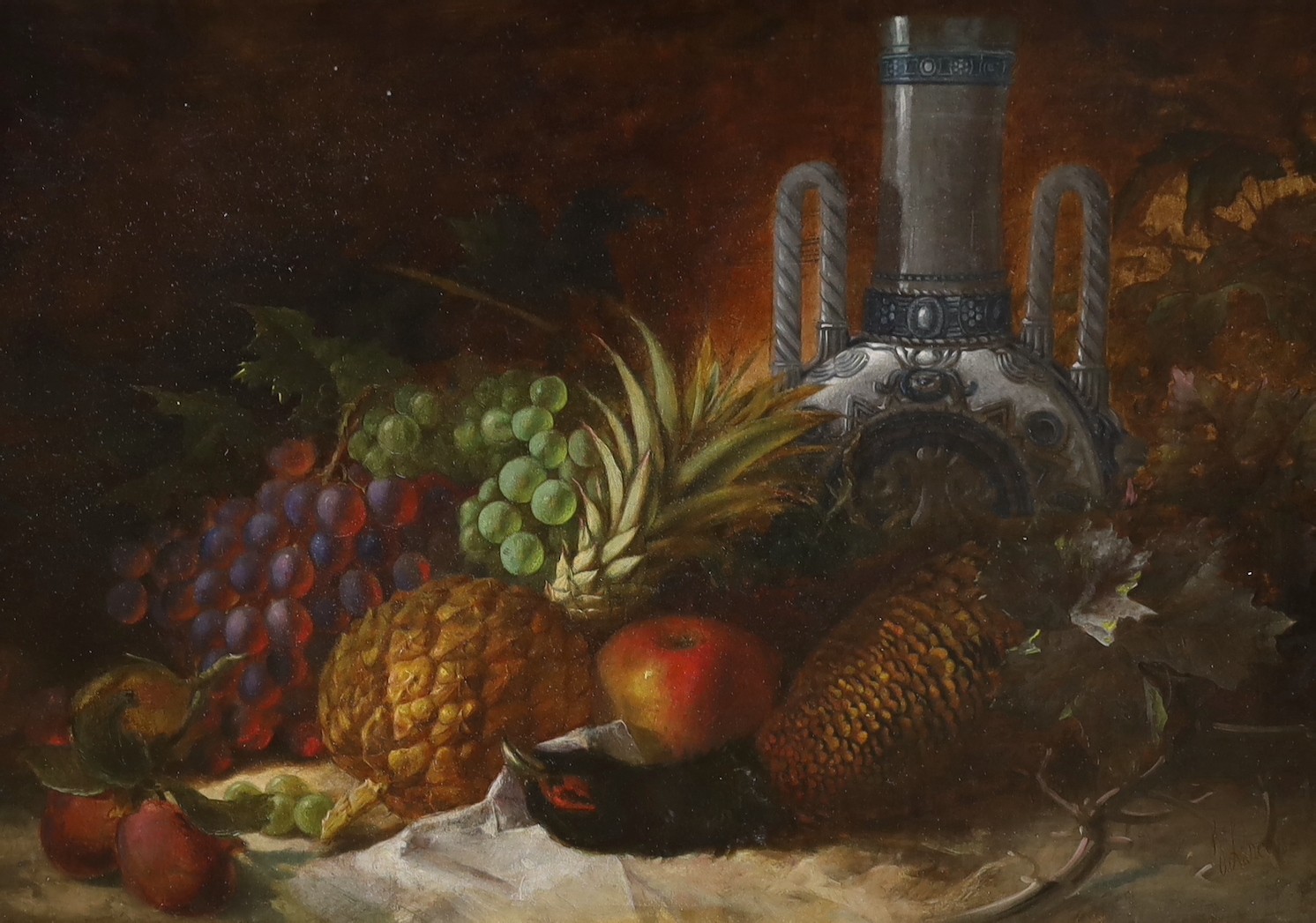 Attributed to George Lance (1802-1864), oil on canvas, Still life of fruit, a pheasant and a German vase upon a table top, signed and dated 1844, 47 x 67cm